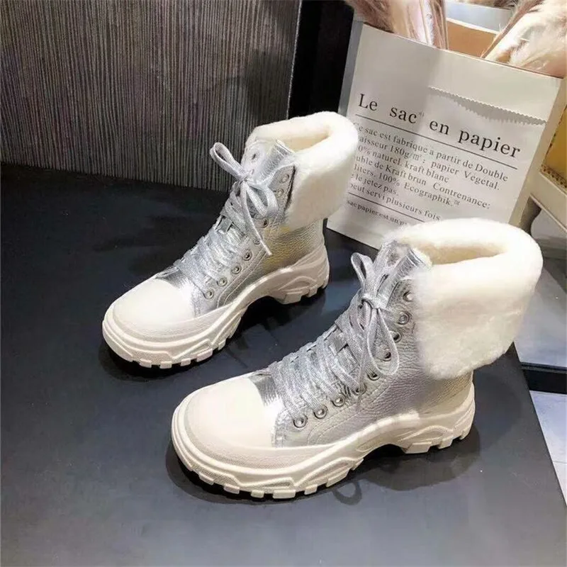 Winter New Wool Vulcanized Women's Boots Genuine Leather Platform Lace Casual Short Boots Fashion Comfortable Warm Cotton Shoes - Цвет: Белый