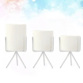 

3PCS Set of Ceramics Ceram Succulent Planter Pot Flowerpot Planter and Truncated Cone Shaped Iron Metal Stand (White)