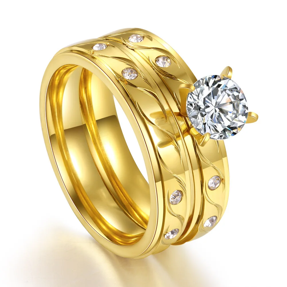 

FS1356 Gilded Titanium Steel Ring with Round Large Zircon Set Ring