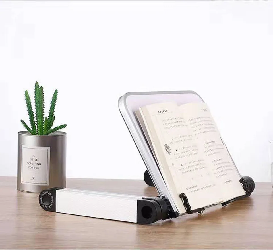 Adjustable Reading Book Stand Foldable Aluminum Lap Desk Stand Ergonomic with Page Paper Clips for Bed Office Home Lift Bracket