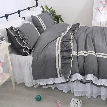 

Princess lace gray white bedding set, twin full queen king cotton single double home textile bed skirt pillow case quilt cover