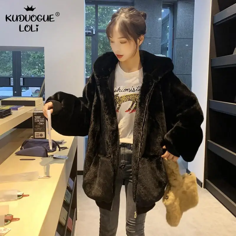 Autumn Winter Faux Rabbit Fur Knitted Coat Women Plush Loose Fur Jacket  Thick Warm Korean Elegant Hooded Flare Sleeves Outerwear