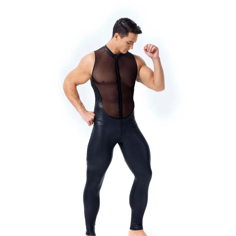 

Sexy Men Mesh Patchwork Bodysuit Faux Leather Bodysuit Sheer See Through Bandage Leotard Sexy Tight Jumpsuit Gay Wear Plus Size