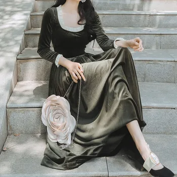 

French Retro Long Dress Women Autumn High Waist Lace Patchwork Korean Boho Victorian Maxi Velvet Dresses Sweet Green Party Robe