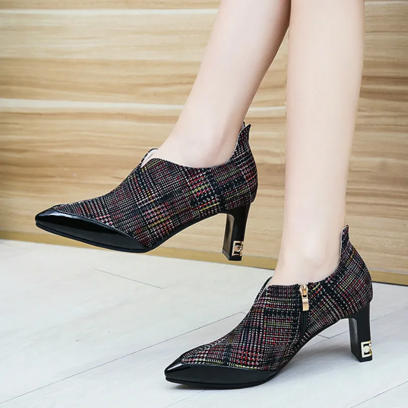 

2020 Spring new fashion women's single shoes solid color pointed zipper lattice simple banquet wedding women's high heels U28-18