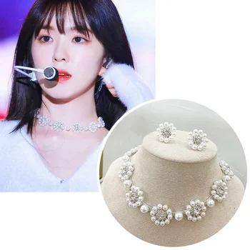 

MENGJIQIAO Korean TV Star Elegant Round Pearl Flower Choker For Women Shiny Crystal Colares Party Wedding Necklace Earrings Set