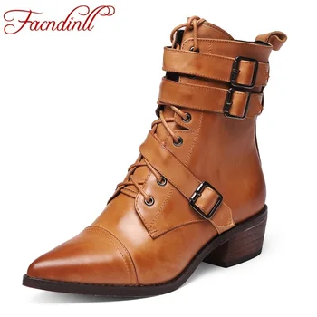 

FACNDINLL brown zipper genuine leather autumn winter ankle boots for women med heels pointed toe zipper shoes motorcycle boots