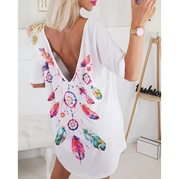 

2020 Summer Casual T Shirt Feather Print Women Plus Size Loose T-shirt Short Sleeve O Neck Harajuku Tees Fashion Clothes SJ5785X
