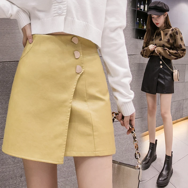 New arrival Women Ladies High Waist Pencil Skirts button lace patchwork sexy pu Leather split party casual Mini Skirt