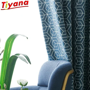 

Blue Geometry 70%-90% Blackout Curtains for Living Room Modern Jacquard Lattice Pattern Curtains for Bedroom Fashion Panels *GI