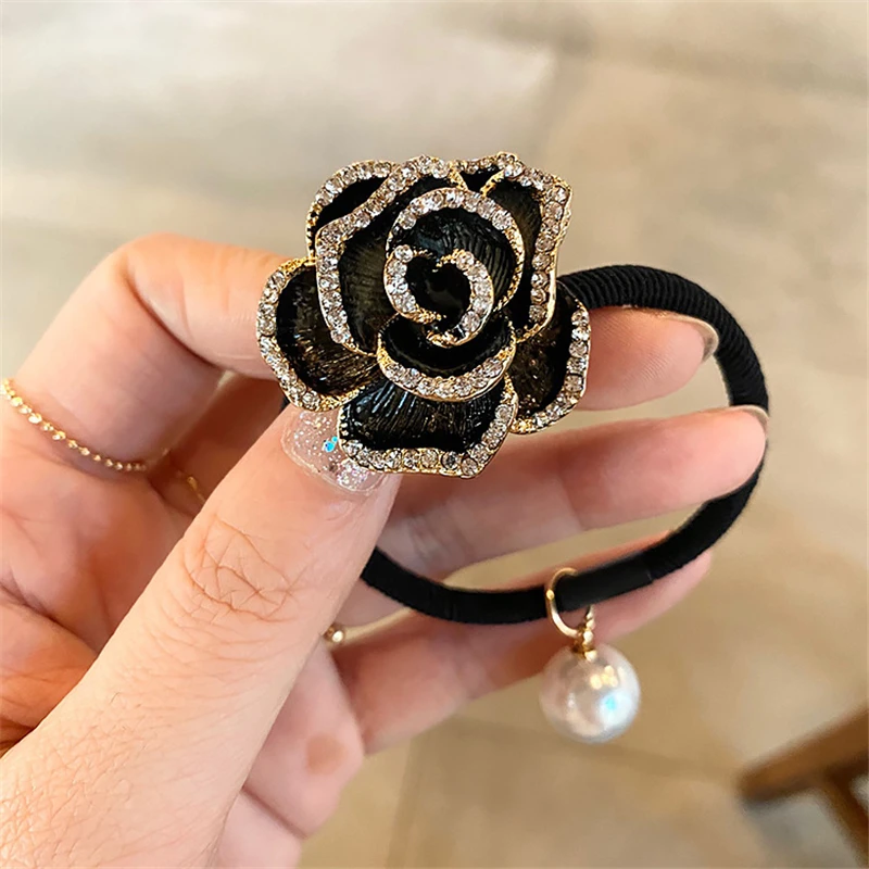 metal hair clips New Women Shiny Diamond Camellia Elastic Hair Bands Gilrs Elegant Hair Hair Tie Bands Horsetai Fashion Korean Hair Accessories hair ties for women