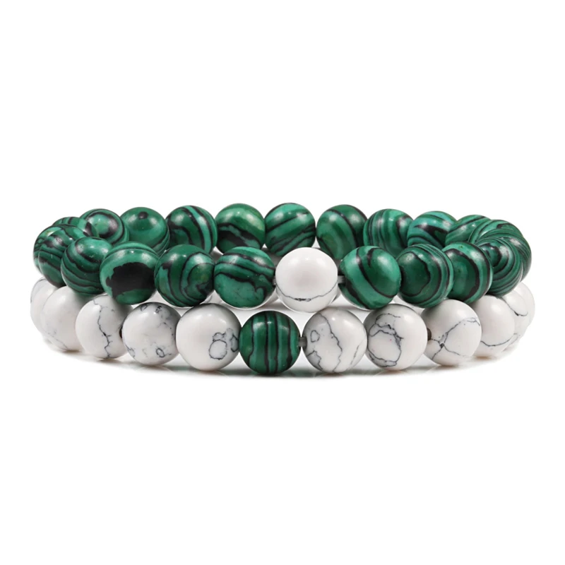 Hot 2pcs/set Tiger Eye Stone Couples Distance Bracelet Yoga Black Lava Malachite Beaded Bracelet Men Women Charm Strand Jewelry - Окраска металла: Malachite