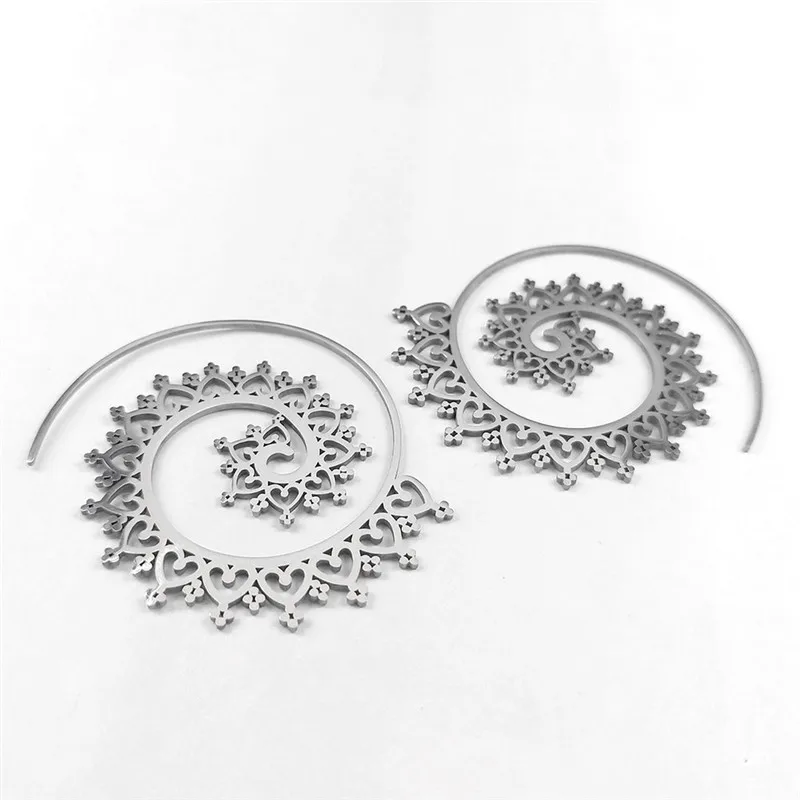 Indian Hoop Stainless Steel Mandala Openwork Flower Tribal Ethnic Earrings Bohemian Ornaments Earrings Women Jewelry E8954S01