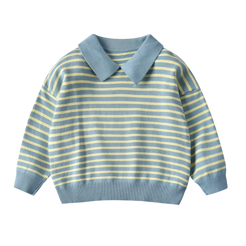 Детский свитер в полоску Одежда для маленьких мальчиков пуловеры, хлопковые свитера для девочек Осенняя свободная вязаная одежда с отворотами для детей 1, 2, 3 лет - Цвет: yellow blue