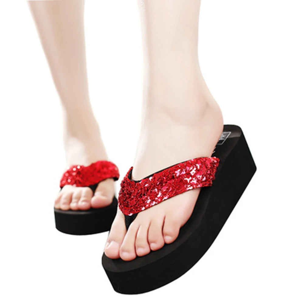 

Casual Black Flatform Shoes Flip-flops Slippers Summer Sequins Anti-Slip Sandals Home Slippers Women High Heel Wedges Sandals