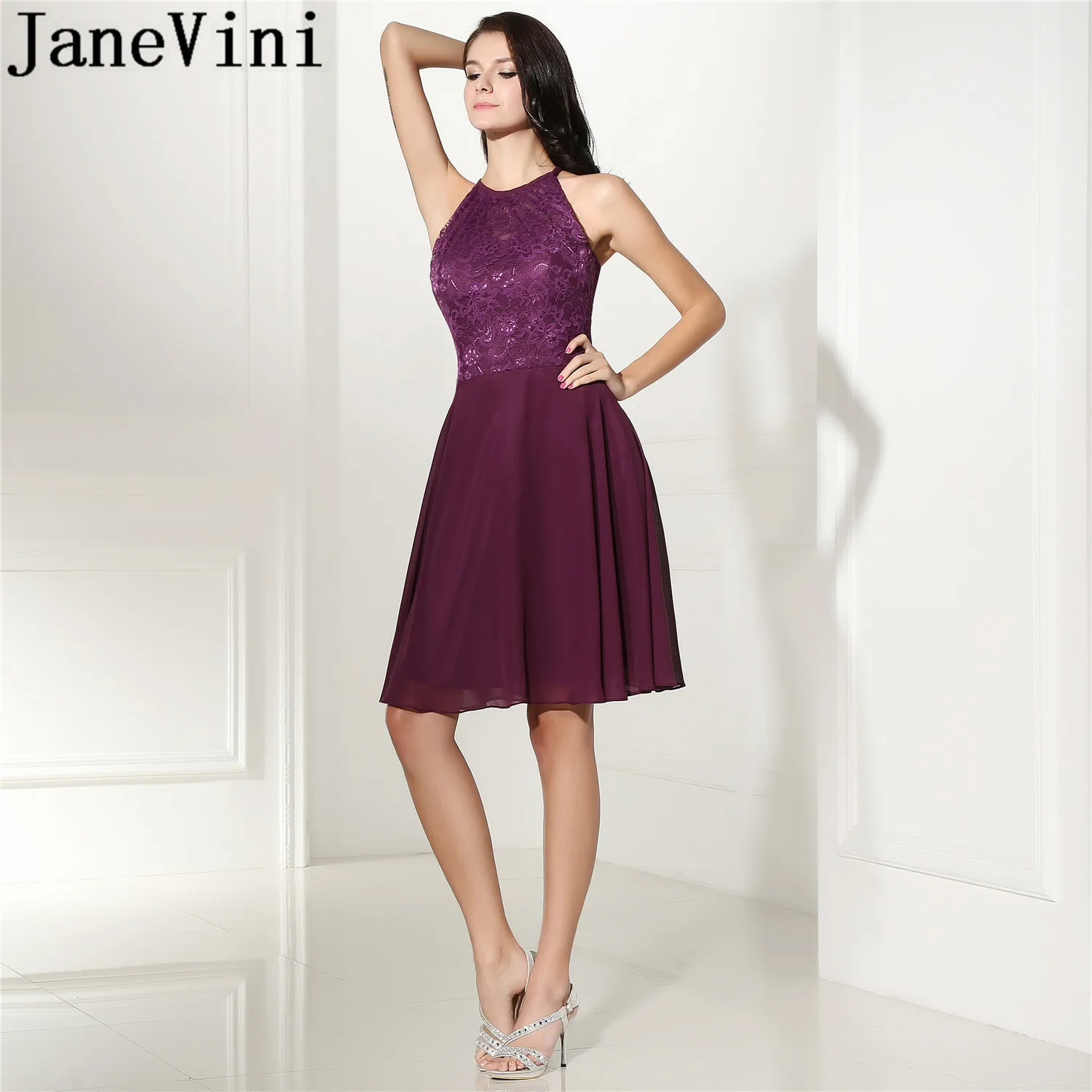 JaneVini дешевые короткие платья для выпускного вечера для подростков Vestido Curto Виноград фиолетовый кружева шифон Замочная скважина сзади Fomal вечерние платья