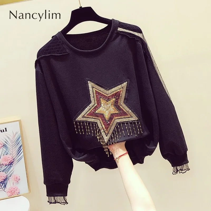 

Female Autumn Black Hoodies New Diamond Sequins Five-pointed Star Shoulder-exposed Mesh Stitching Crew Neck Sweatshirt Shirt
