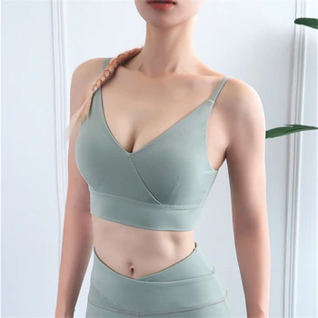 

Oyoo Deep V High Support Sport Bras Nylon Push Up Yoga Bra Sexy Women Active Wear Green Feminina Fitness Crop Top Bra Gym Bra