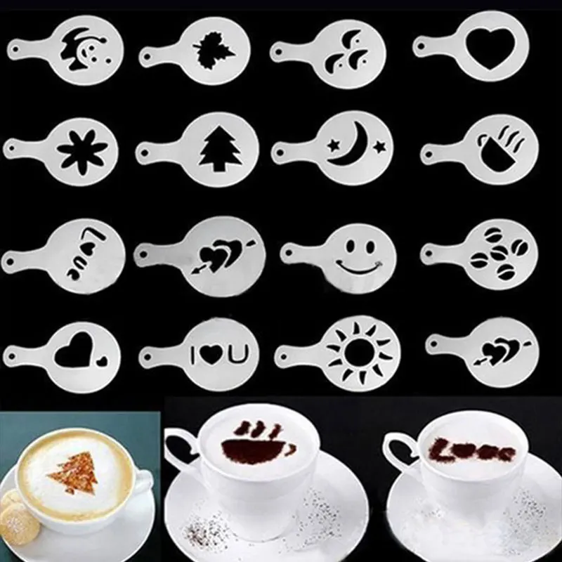 

16pcs Coffee Stencil Filter Coffee Maker Cappuccino Coffee Barista Mold Templates Strew Flowers Pad Spray Art Coffee Tools