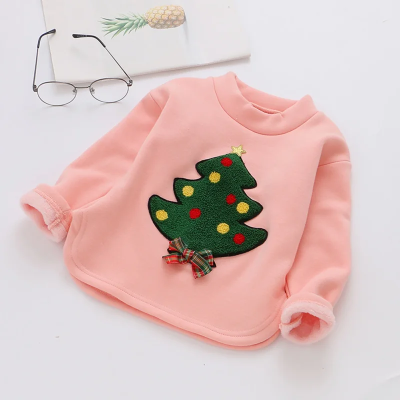 Футболка для маленьких девочек Корейская версия хлопковой и бархатной теплой плотной бархатной рубашки с рождественской елкой для девочек джемпер - Цвет: P