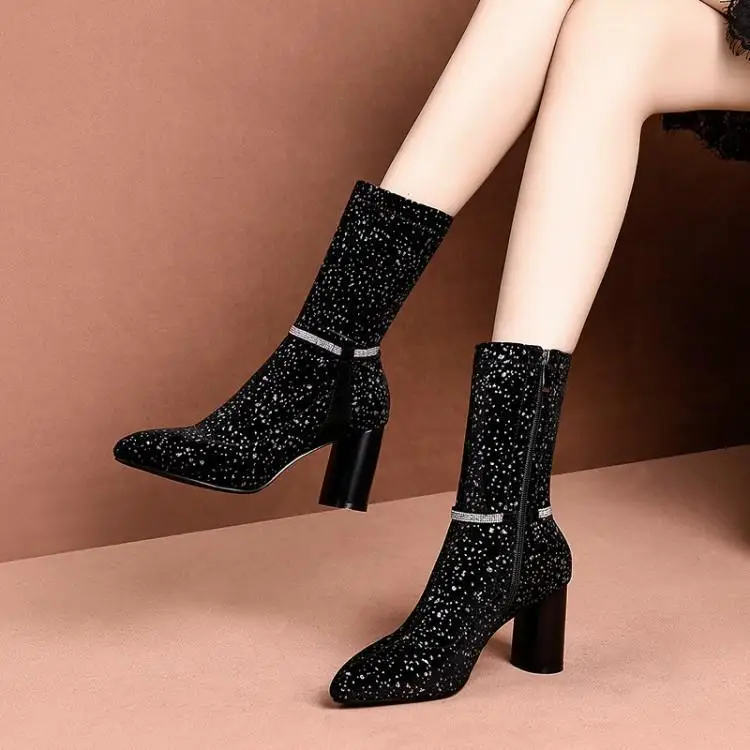 

thick and medium-barrel boots, elastic leather high-heel elastic stocking boots, Martin boots, elastic cloth, women's boots