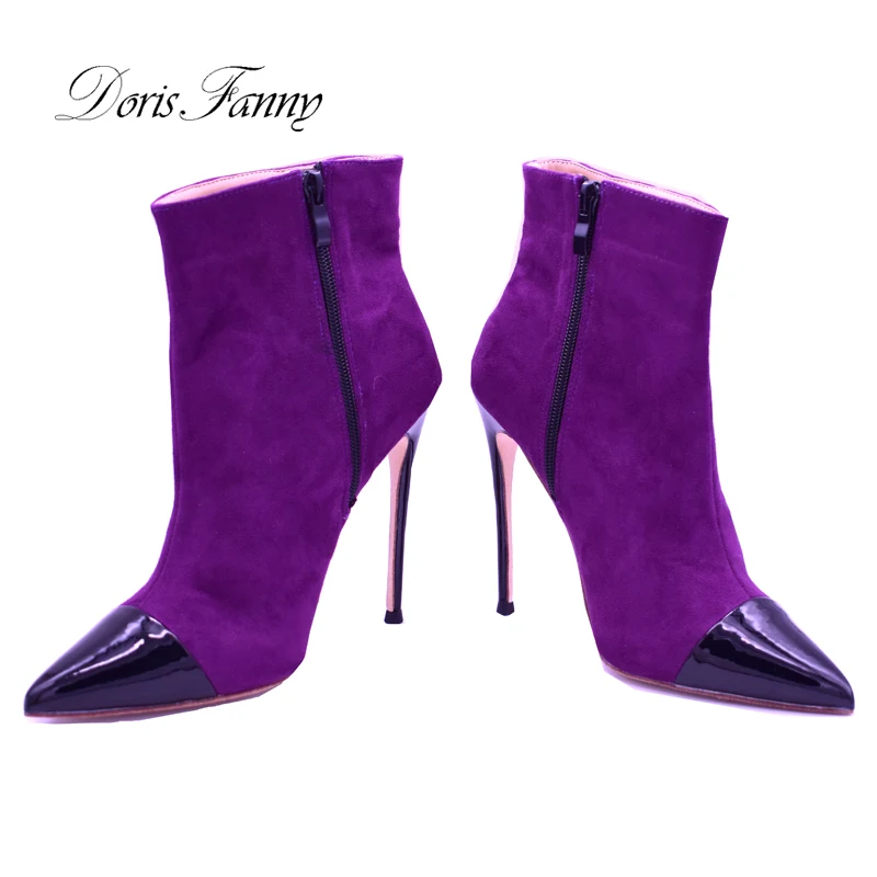 Doris Fanny/фиолетовая замшевая зимняя обувь с острым носком; женские ботильоны на высоком каблуке-шпильке; размеры 34-43