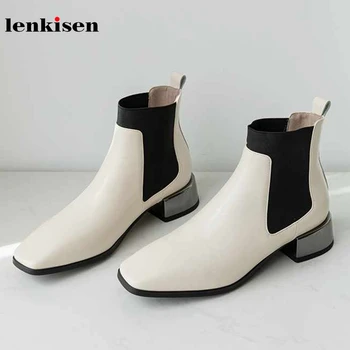 

Lenkisen mixed colors Chelsea boots genuine leather square toe metal med heels classic basic winter warm women ankle boots L52