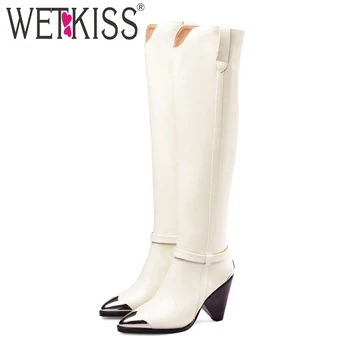 

WETKISS Knee High Boots Women Cow Leather Boot Spike Heels High Shoes Female Pointed Toe Metal Shoes Ladies Spring 2020 New