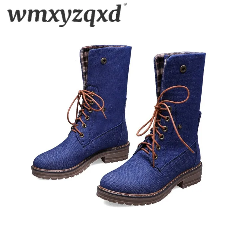 

Lace-Up Denim Boots Winter Women Comfortable Flat Ladies Gingham Stitching Booties Fashion Simple Round Toe Snow Boots WMXYZQXD