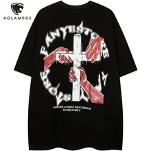 

Aolamegs Gothic Oversized T-shirt Men Cross Red Hand Printed Short Sleeve Tops Tees Casual Punk Hipster Fashion Streetwear Black