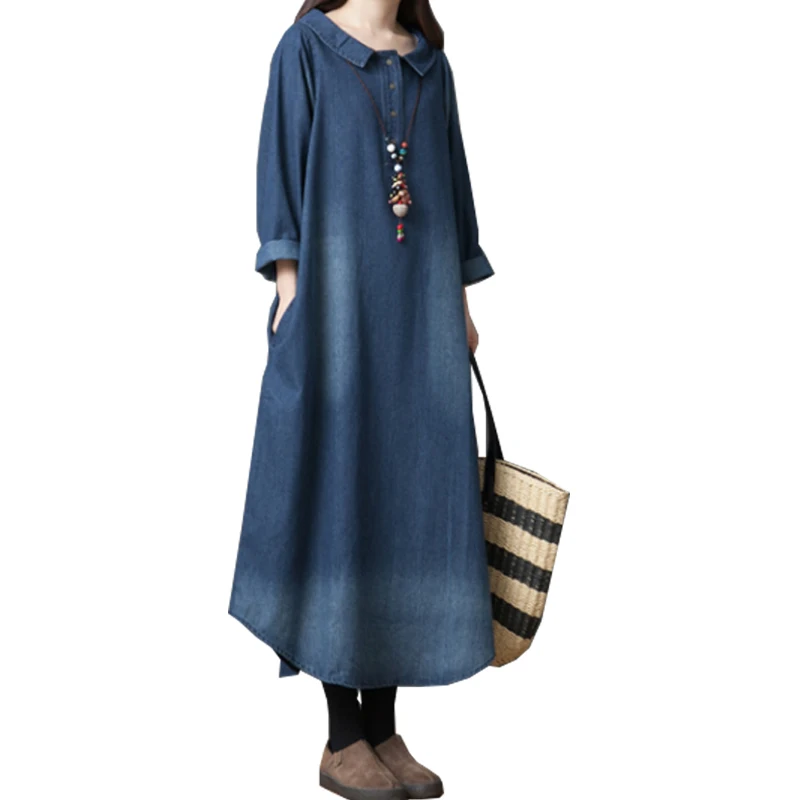 Spring New Denim Long Dress 2021 Loose Turn-down collar Long Sleeve Cotton Blue Dress