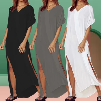 

Celmia Summer Dress Women Casual Short Sleeve Hoodies Maxi Long Sundress Loose High Split Beach Vestidos Sexy Robe Plus Size 5XL