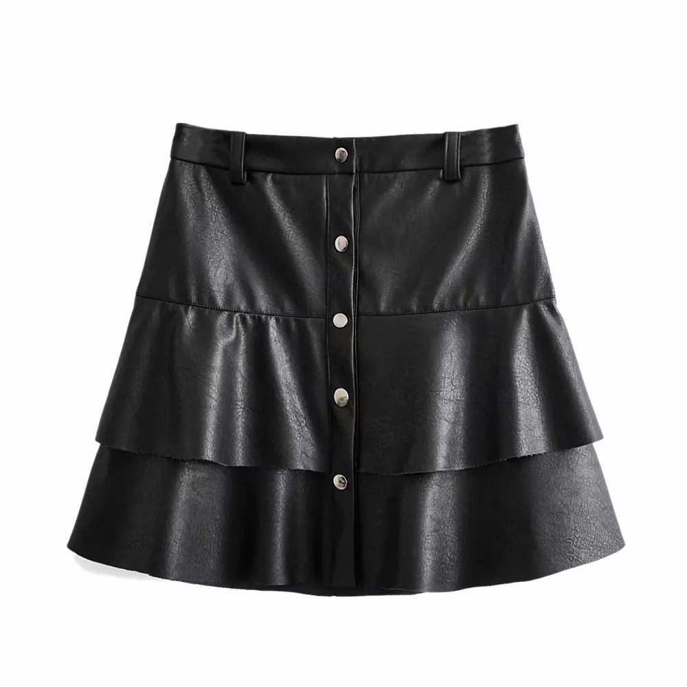 SHE8196 Black Новинка, модные женские юбки из искусственной кожи на осень и зиму, женские юбки с высокой талией, мини-юбки длиной выше колена, черная юбка с пуговицами - Цвет: SHE8196 Black