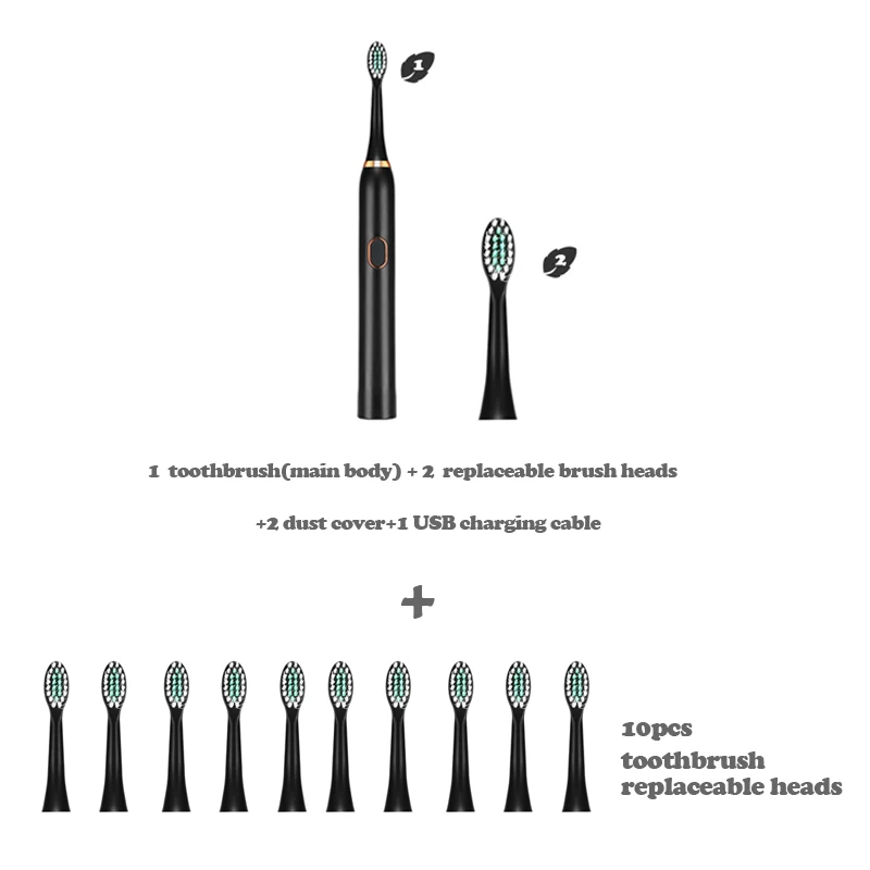 Black plus 10 heads Мощная ультра звуковая электрическая зубная щетка USB перезаряжаемая Водонепроницаемая IPX7 ультра звуковая Автоматическая отбеливающая зубная щетка - Цвет: Black plus 10 heads