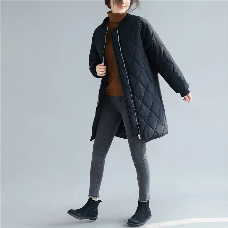 

2019 Autumn And Winter New Style Large Size Dress Solid Color Diamond Lattice Cotton-padded Clothes Loose-Fit Middle Long Coat L