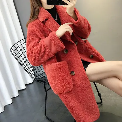 Wine red Осень-зима гранулы оторочка из овечьей шерсти пальто Дамская мода длинные пальто из овечьей шерсти для детей; Для женщин куртка свободные Большие размеры Для женщин пальто - Color: Wine red
