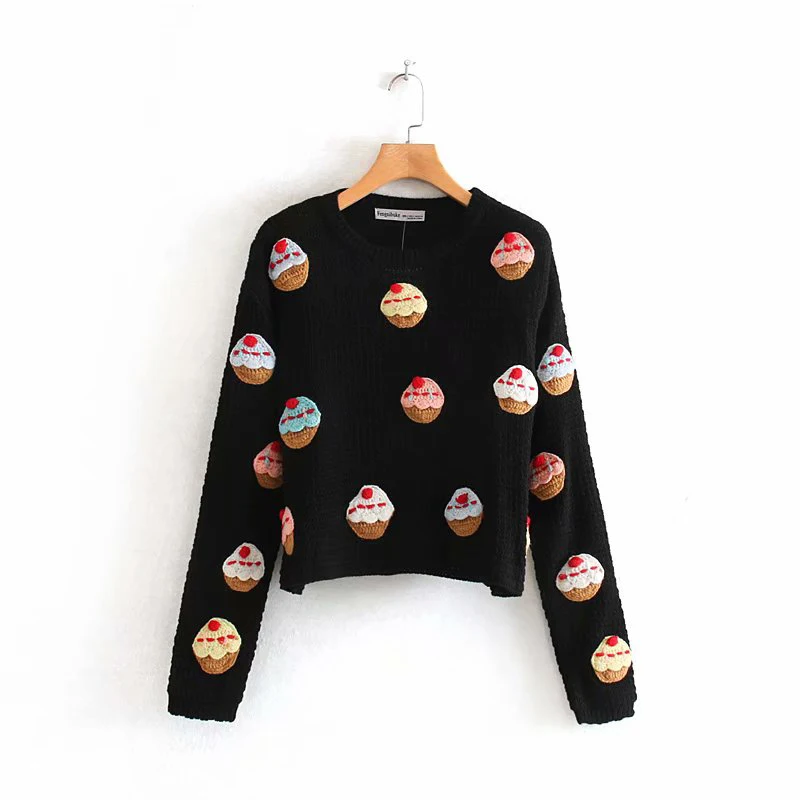za 2019 Women Fashion Vintage Sweet Cake Appliques Short Style Knitted Sweater O Neck Long Sleeve Stylish Pullovers Chic Tops za 2019 Women Fashion Vintage Sweet Cake Appliques Short Style Knitted Sweater O Neck Long Sleeve Stylish Pullovers Chic Tops