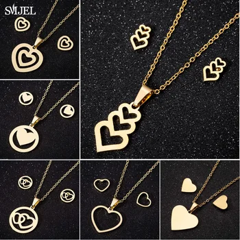 SMJEL Bijoux Stainless Steel Love Heart Necklaces Women Gold Color Jewelry Sets Simple Wedding Heart Earrings Wholesale 2019