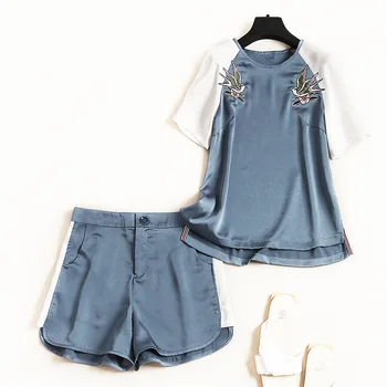 

1311Fashion Satin Set Women's Summer Animal Embroidered Irregular Color Block Top Casual One-Button Shorts C11711