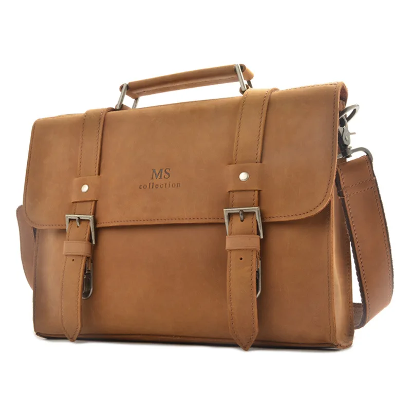 

MISFITS Retro top layer leather business briefcase leather men's bag men's and women's handbag horizontal section shoulder bag