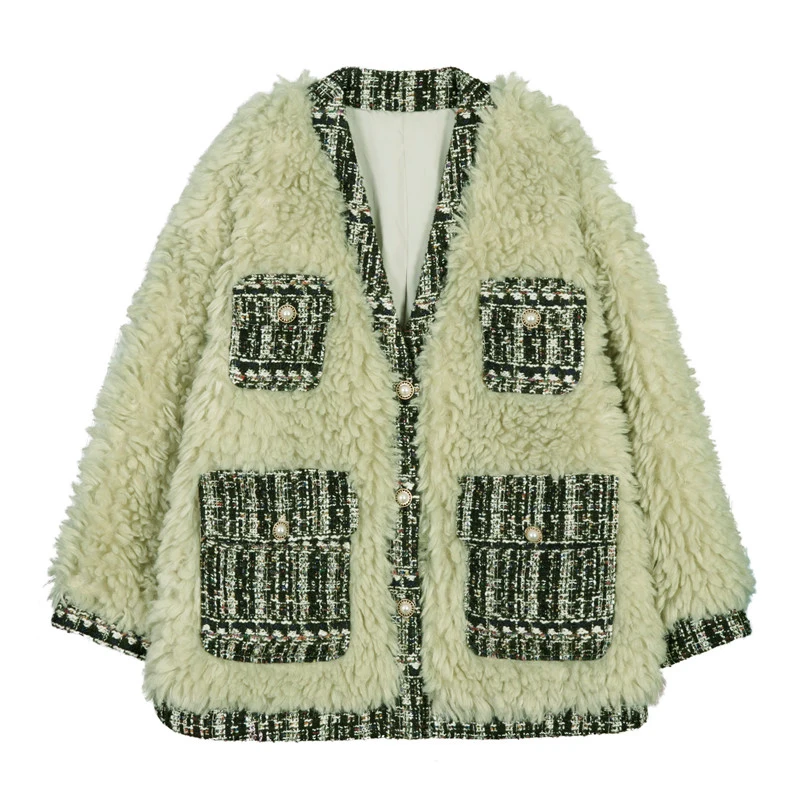 green coat MUMUZI Ретро зеленое пальто из искусственного меха ягненка женское плотное Свободное пальто из искусственного меха овчины зимние новые парки с карманами термопарки - Цвет: green coat