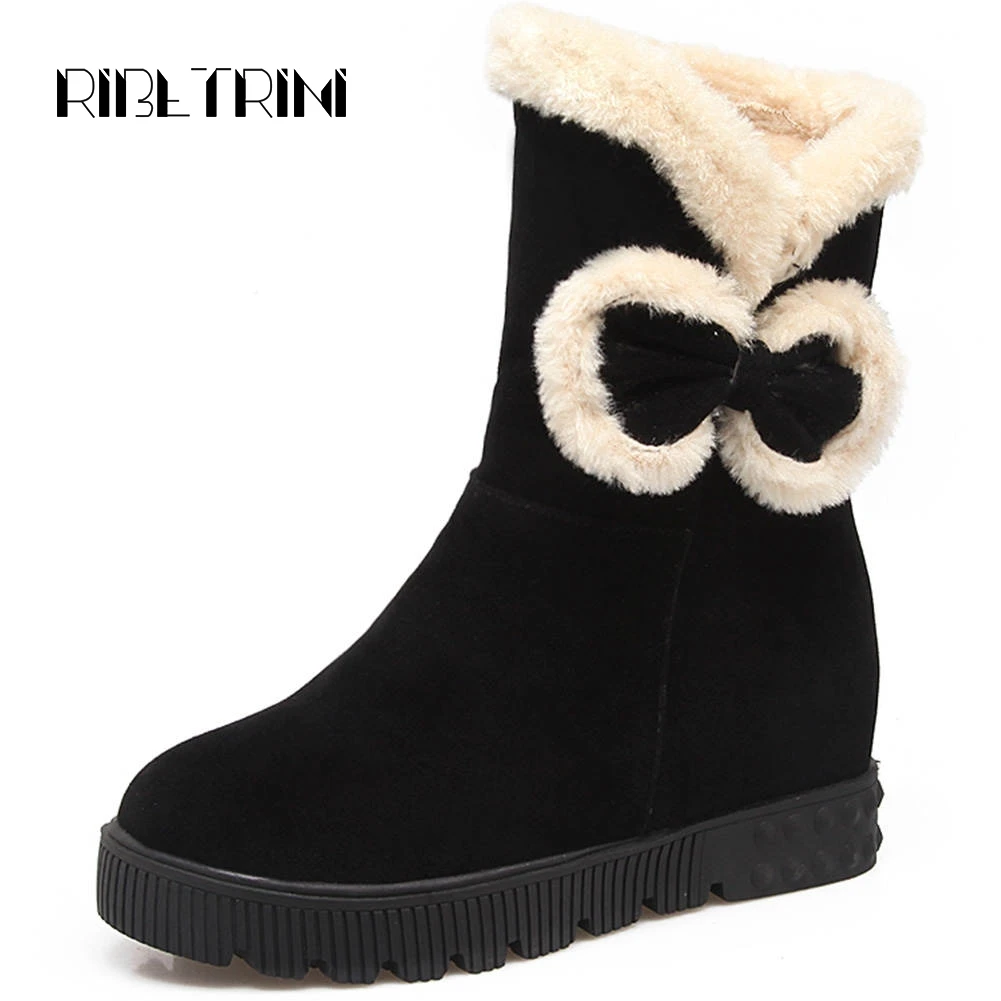 

RIBETRINI Winter Fur Shoes Woman 2019 Sweet Bowtie Knot Shoes Woman Hidden Wedge Heels Round Toe Platform Mid Calf Snow Boots