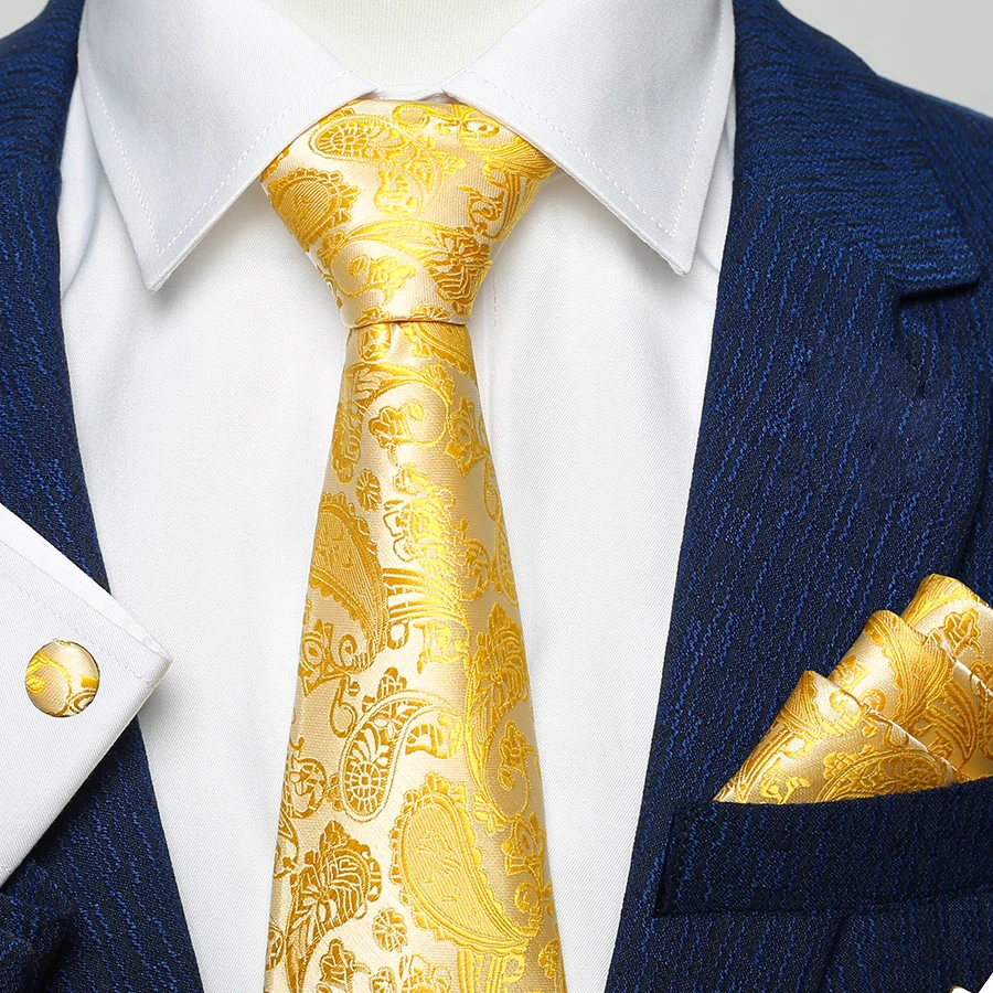 Шелковый мужской галстук набор Цветочные желтые золотистые галстуки и носовые платки набор запонок мужской свадебный костюм модный галстук с воротником Пейсли