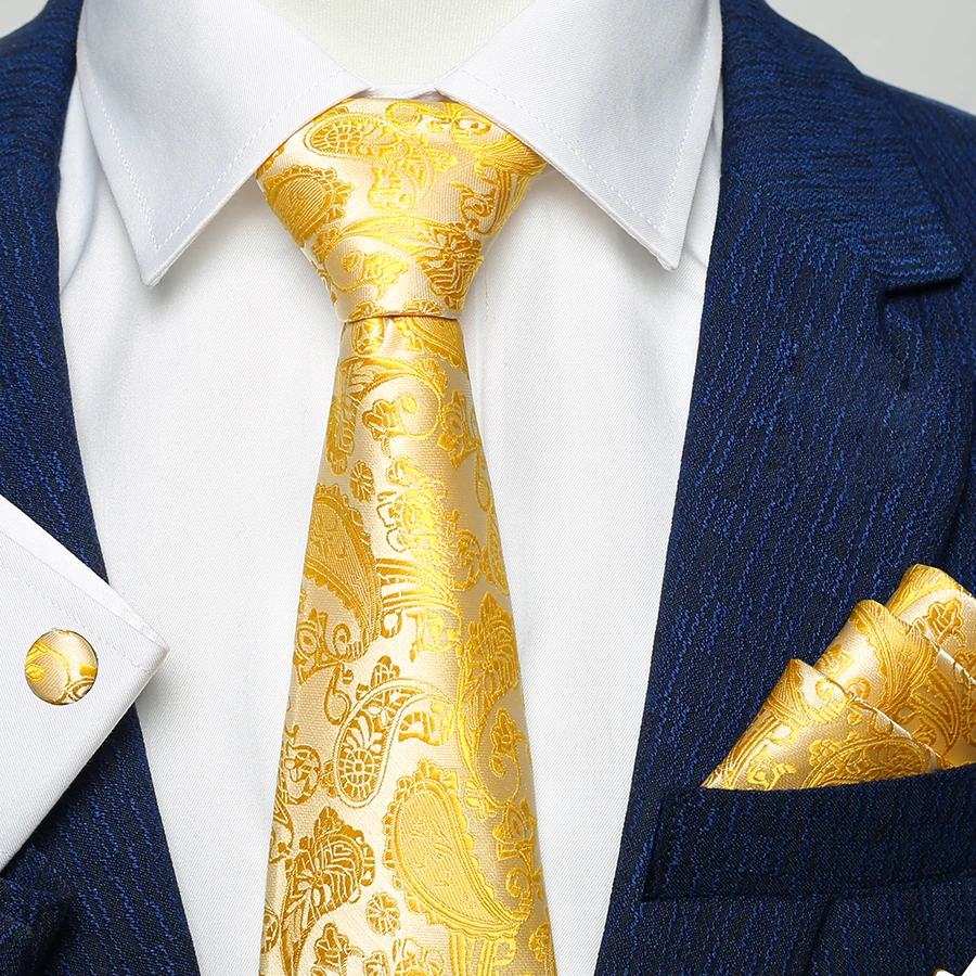  Silk Men Tie Set Floral Yellow Gold Ties and Handkerchiefs Cufflinks Set Men's Wedding Party Suit F