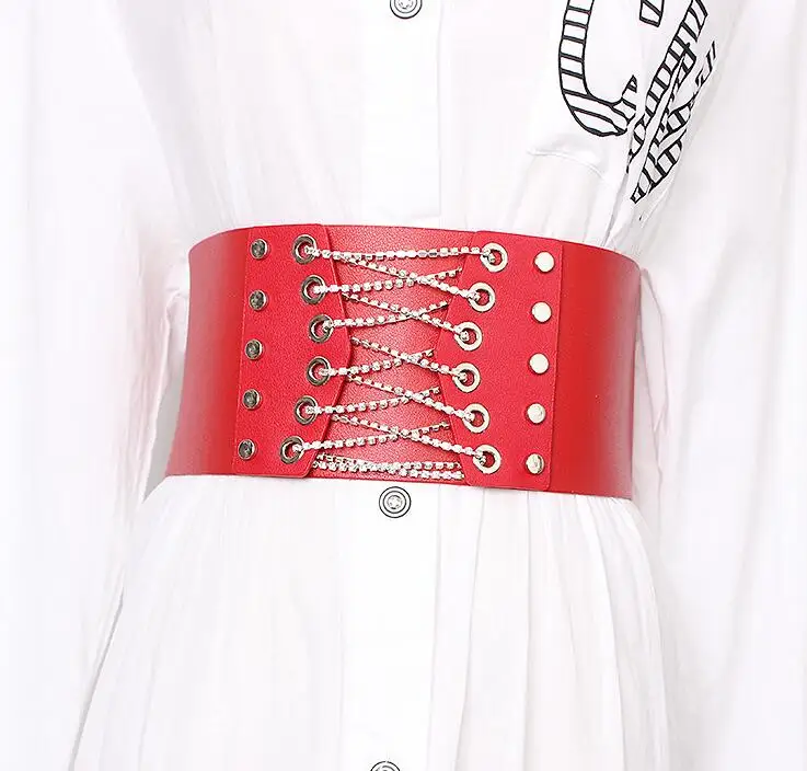 Women's runway fashion diamonds pu leather bandage Cummerbunds female Dress Corsets Waistband Belts decoration wide belt R1915