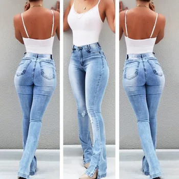 

Jeans sexy push high flare pants women high waist jeans tight torn open guide cut elastic blue bell bottom jeans women