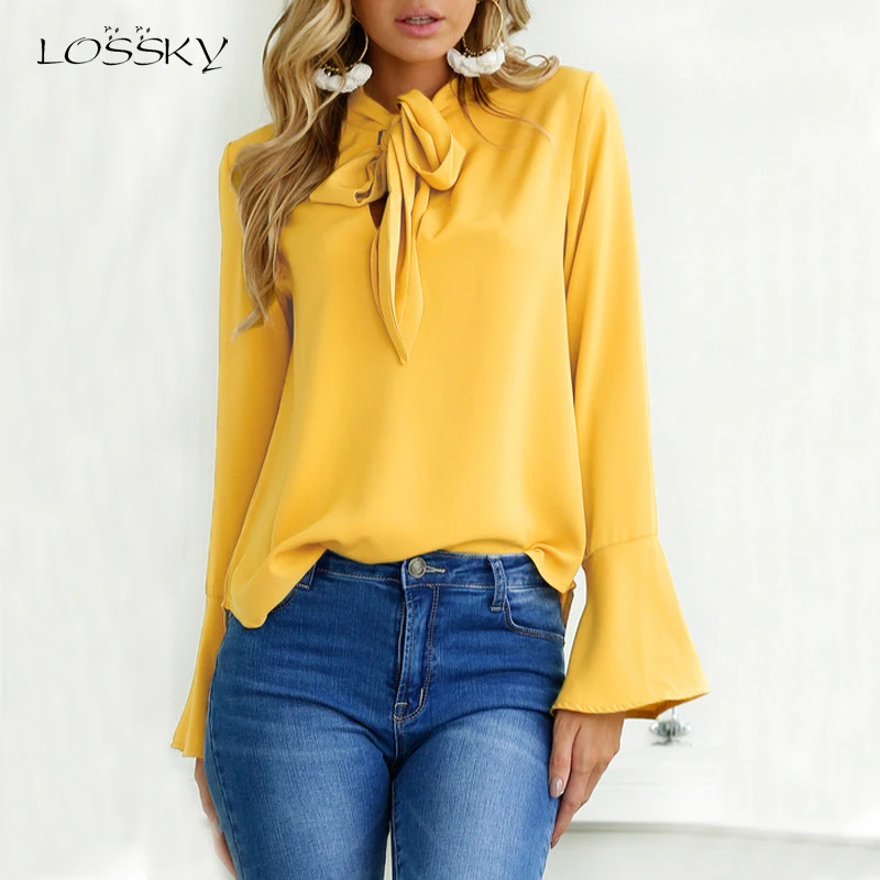 Lossky, Женская Осенняя шифоновая блузка с длинным рукавом, с бантом, необычные, одноцветные, с рюшами, модные блузки, новинка, повседневные, черные, розовые топы, рубашки