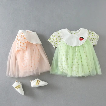 

Baby Clothes Toddler Girl Jumpsuit Infant Rompers Dress Lace Stitching Sleeves Heart Dot Print Lotus Collar Strawberry Summer