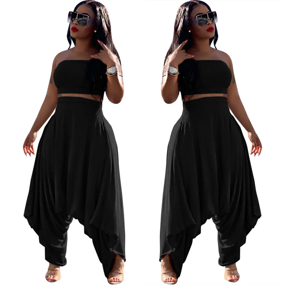 

2019 Europe and the United States new fashion temperament solid color sexy word collar harem pants two sets