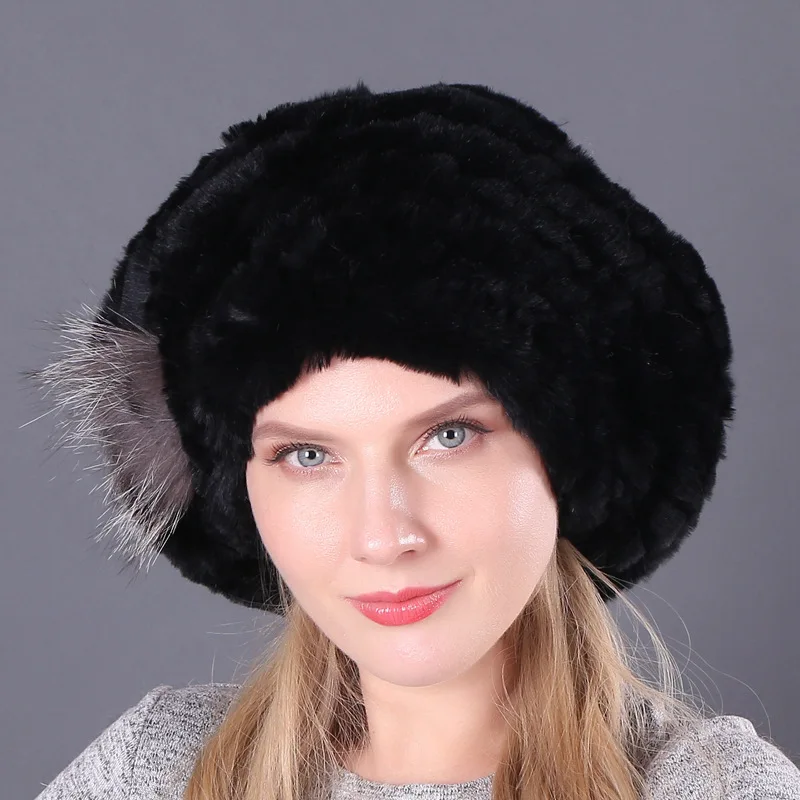 picture color Hot Sale Natural Silver Fox Fur Women Winter Hat Knitted Cap Women Hat Fox Fur Bomber Hat Female Ear Warm Winter Must - Цвет: picture color